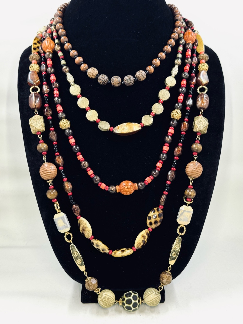 Joan Rivers Vintage Layered Boho Brown, Red & Gold Multi-Strand Beaded Necklace
